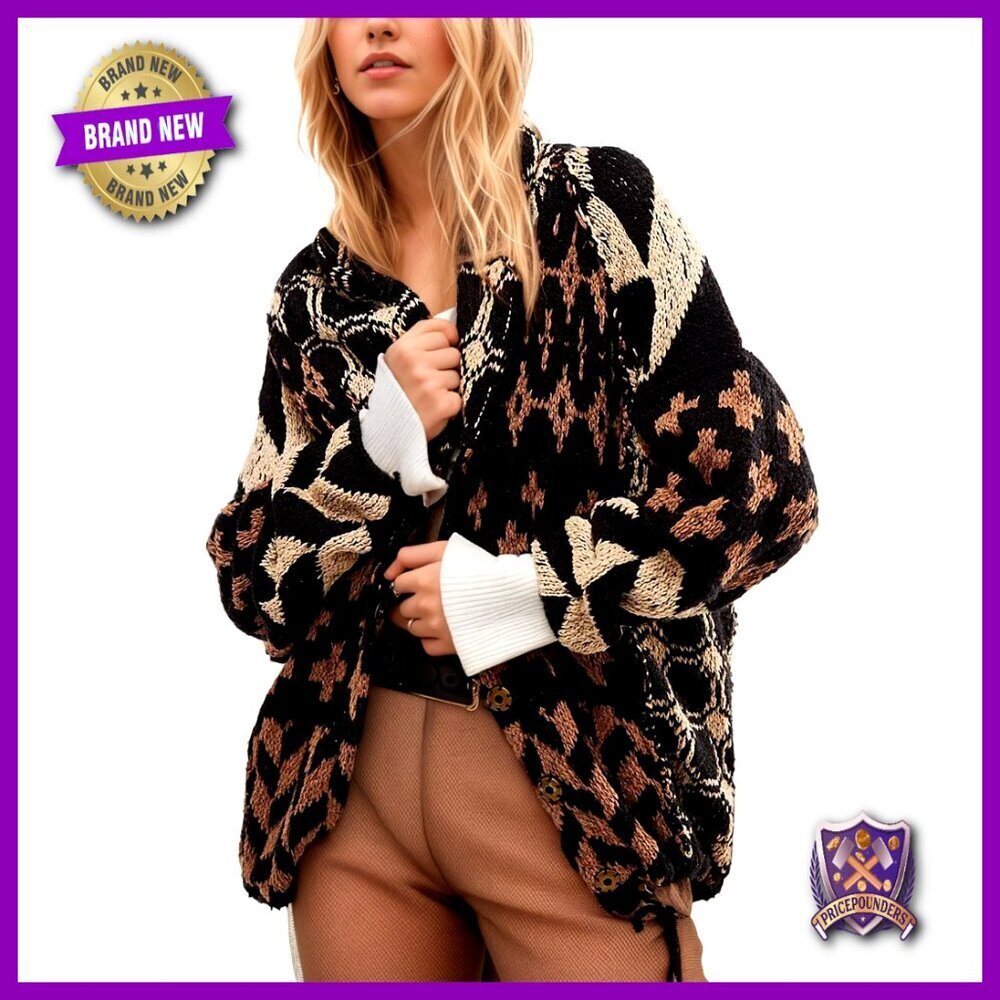 Oversized Velvet Knit Cardigan Shawl Collar Button Front Boho Sweater